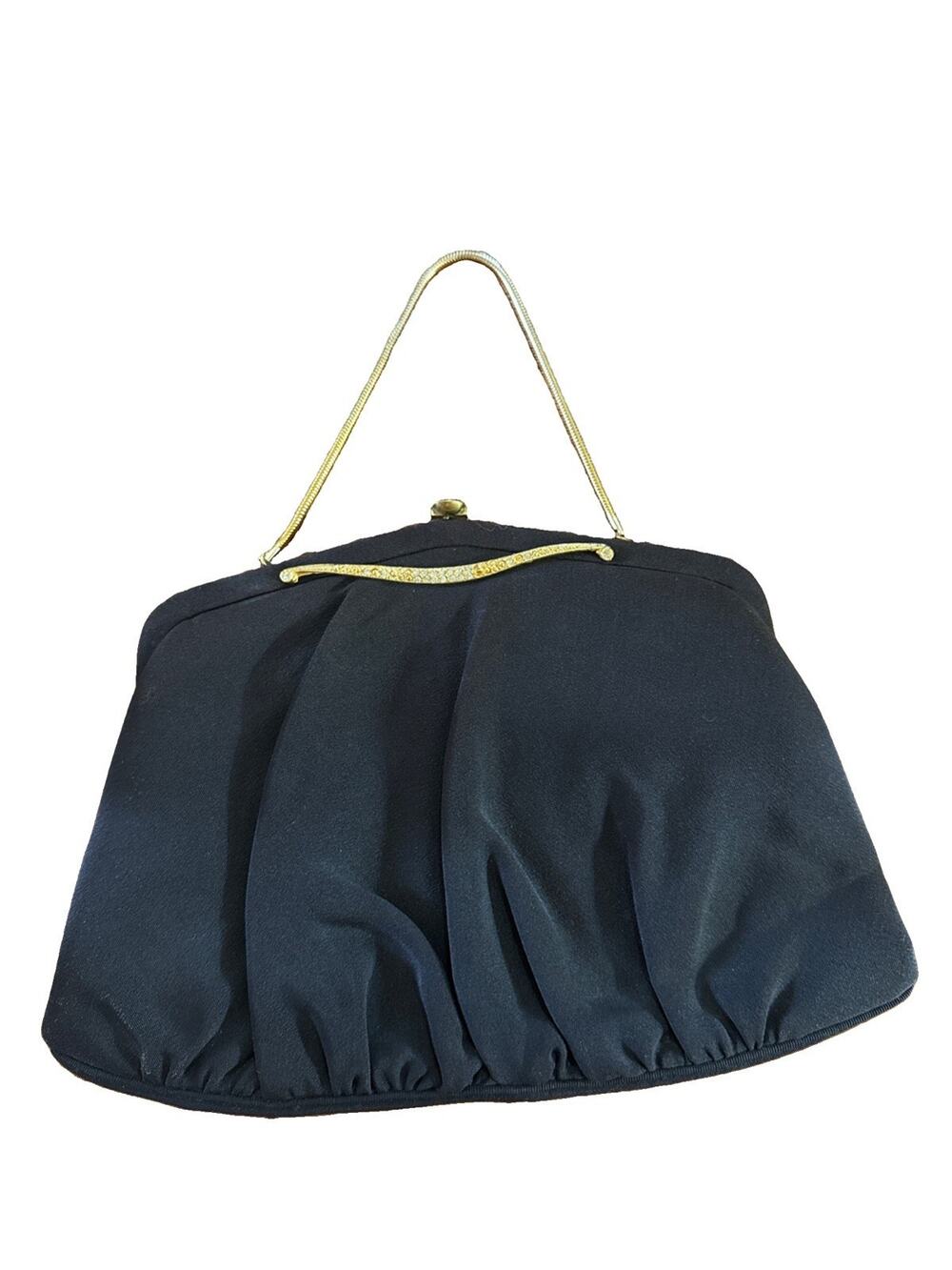 Vintage 1950s Black Fabric Evening Bag Rhinestone Frame Convertible Clutch Chain